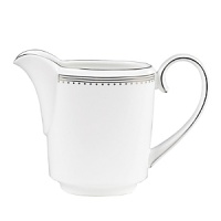 A beautiful collection for formal dining in white fine bone china with delicate platinum-hued rim accents. A beautiful collection for formal dining in white fine bone china with delicate platinum-hued rim accents.
