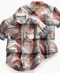 Off the cuff. Complement his casual style with the crisp plaid and roll-cuff sleeves on this shirt from Guess. Off the cuff. Complement his casual style with the crisp plaid and roll-cuff sleeves on this shirt from Guess.