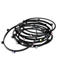 Dress your wrist to the nines with this bangle set from GUESS. Crafted from sprayed-jet-tone mixed metal, the bracelets feature light purple glass crystals for a stylish touch. Approximate diameter: 2-1/2 inches. Dress your wrist to the nines with this bangle set from GUESS. Crafted from sprayed-jet-tone mixed metal, the bracelets feature light purple glass crystals for a stylish touch. Approximate diameter: 2-1/2 inches.