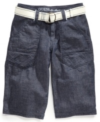 Fine lines. He can toe the line between bold and subtle with the clean lines on these chambray shorts from Guess. Fine lines. He can toe the line between bold and subtle with the clean lines on these chambray shorts from Guess.