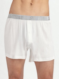 A comfortable knit featuring a single-button fly, classic cut and metallic elastic logo waist. 96% modal nylon/4% spandex Machine wash Imported A comfortable knit featuring a single-button fly, classic cut and metallic elastic logo waist. 96% modal nylon/4% spandex Machine wash Imported