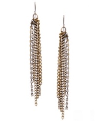 Ropes and chains. Haskell's mixed metal earrings are plated with brass and feature multiple gold-tone chains and beads with crystal cup chain accents and a gold-tone ear wire. Approximate drop: 3-3/4 inches. Ropes and chains. Haskell's mixed metal earrings are plated with brass and feature multiple gold-tone chains and beads with crystal cup chain accents and a gold-tone ear wire. Approximate drop: 3-3/4 inches.