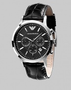 A classic timepiece fit for a lifetime of wear in solid stainless steel with chronograph functionality and a croco-embossed leather strap. Quartz movement Water-resistant to 5ATM /50m Stainless steel case, 43mm, 1.69 Leather strap, 22mm wide, .87 Sapphire crystal Black dial Hour markers Date display Imported 