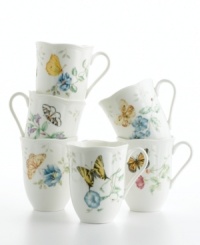 Mix and match four different floral and butterfly patterns to create a unique customized dining experience. In dishwasher-safe bone china. 12oz. capacity. Mix and match four different floral and butterfly patterns to create a unique customized dining experience. In dishwasher-safe bone china. 12oz. capacity.