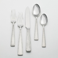 The distinguished mark of the Etched five-piece flatware place setting is a unique geometric weave which compliments both casual and formal dining. It provides a stylish finishing touch to the Jasper Conran table while bringing modern dishwasher-safe convenience to the home. The set includes a large and small fork, a knife and a large and small spoon. Certain to be beautiful flatware to look at, to hold and to use. The distinguished mark of the Etched five-piece flatware place setting is a unique geometric weave which compliments both casual and formal dining. It provides a stylish finishing touch to the Jasper Conran table while bringing modern dishwasher-safe convenience to the home. The set includes a large and small fork, a knife and a large and small spoon. Certain to be beautiful flatware to look at, to hold and to use.
