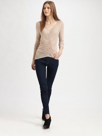 Intricate ruching fronts this long-sleeve modal and silk tee. V-neckLong sleevesFront ruching90% modal/10% silkDry cleanMade in USAAdditional Information Women's Premier Designer & Contemporary Size Guide Intricate ruching fronts this long-sleeve modal and silk tee. V-neckLong sleevesFront ruching90% modal/10% silkDry cleanMade in USAAdditional Information Women's Premier Designer & Contemporary Size Guide