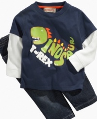 Set off his inner explorer with this fun dinosaur shirt and pant set from Kids Headquarters. Set off his inner explorer with this fun dinosaur shirt and pant set from Kids Headquarters.