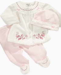 Doll up your dainty girl in this lovely shirt, pant and beanie 3-piece set from Little Me. Doll up your dainty girl in this lovely shirt, pant and beanie 3-piece set from Little Me.