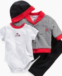 This bodysuit, jacket, pants and hat set by Little Me will dress him up in head to toe cuteness. This bodysuit, jacket, pants and hat set by Little Me will dress him up in head to toe cuteness.