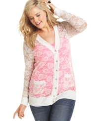 Add flirty flair to your look with Belle Du Jour's lace plus size cardigan-- it's a sheer winner for this season! Add flirty flair to your look with Belle Du Jour's lace plus size cardigan-- it's a sheer winner for this season!
