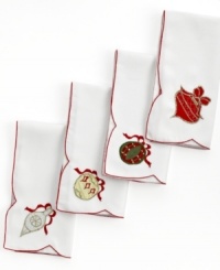 All the trimmings. Prepare for a jolly-good time with Holiday Ornaments napkins, featuring simple white linens festooned with colorful ornaments and a scalloped edge. All the trimmings. Prepare for a jolly-good time with Holiday Ornaments napkins, featuring simple white linens festooned with colorful ornaments and a scalloped edge.