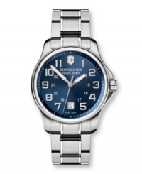 Minimalist styling and a punch of vibrant blue make this Officer's watch by Victorinox Swiss Army stand apart. Stainless steel bracelet and round case with anti-reflective sapphire crystal. Brushed blue dial features applied silvertone numerals at markers, date window at six o'clock, luminous hands and logo at twelve o'clock. Swiss quartz movement. Water resistant to 100 meters. Three-year limited warranty. Minimalist styling and a punch of vibrant blue make this Officer's watch by Victorinox Swiss Army stand apart. Stainless steel bracelet and round case with anti-reflective sapphire crystal. Brushed blue dial features applied silvertone numerals at markers, date window at six o'clock, luminous hands and logo at twelve o'clock. Swiss quartz movement. Water resistant to 100 meters. Three-year limited warranty.