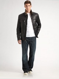 A short, trim motocross shape in tumbled lambskin from Italy, with a luxurious, removable rabbit fur liner.Stand collar with zipper detail and throat latch Zip front Zip chest pockets Angle zip front pockets Adjustable side buckle tabs at waist About 28 from shoulder to hem Removable dyed rabbit liner Signature lining Lambskin; rabbit Dry clean by leather specialist Imported Fur origin: China A short, trim motocross shape in tumbled lambskin from Italy, with a luxurious, removable rabbit fur liner.Stand collar with zipper detail and throat latch Zip front Zip chest pockets Angle zip front pockets Adjustable side buckle tabs at waist About 28 from shoulder to hem Removable dyed rabbit liner Signature lining Lambskin; rabbit Dry clean by leather specialist Imported Fur origin: China