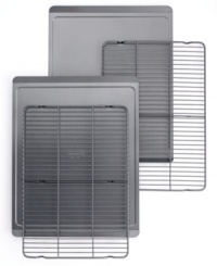 The perfect addition to a baker's paradise-two cooling racks and two cookie sheets turn the kitchen into a bona fide bakery. Relish a perfect batch of cookies every time, as the heavy-gauge aluminized racks conduct consistent and even heating to the double reinforced nonstick-coated sheets, which guarantee that thin, delicate, perfectly-cooked treats slide off with ease. Lifetime warranty. The perfect addition to a baker's paradise-two cooling racks and two cookie sheets turn the kitchen into a bona fide bakery. Relish a perfect batch of cookies every time, as the heavy-gauge aluminized racks conduct consistent and even heating to the double reinforced nonstick-coated sheets, which guarantee that thin, delicate, perfectly-cooked treats slide off with ease. Lifetime warranty.