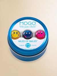Packaged in a magnetic, reusable gift tin, these three smiley face charms click onto any MOGO charm bracelet. With so many styles there is a charm to match every mood!Silvertone and resinMagnetic attachmentSuitable for ages 8 and upImported Please note: Bracelet sold separately. Packaged in a magnetic, reusable gift tin, these three smiley face charms click onto any MOGO charm bracelet. With so many styles there is a charm to match every mood!Silvertone and resinMagnetic attachmentSuitable for ages 8 and upImported Please note: Bracelet sold separately.