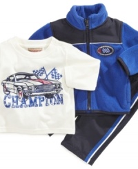 Keep him active and looking sporty in this 3 piece shirt, jacket, and pant set by Kids Headquarters. Keep him active and looking sporty in this 3 piece shirt, jacket, and pant set by Kids Headquarters.