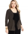 Shine this holiday season in Elementz' layered look plus size top, including a metallic cardigan and velvet inset.