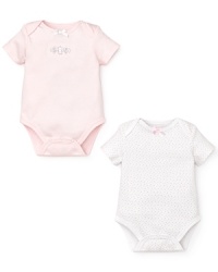 Classic bodysuits rendered in the softest cotton, with elephant and polka dot embroidery, respectively. Classic bodysuits rendered in the softest cotton, with elephant and polka dot embroidery, respectively.