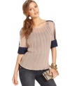 Colorblocking and sharp pleats add edge to this otherwise softly feminine Bar III chiffon blouse -- perfect for fall!