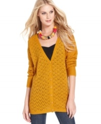 In a textured open-stitch knit, this Kensie cardigan is a perfect layering piece for fall! In a textured open-stitch knit, this Kensie cardigan is a perfect layering piece for fall!