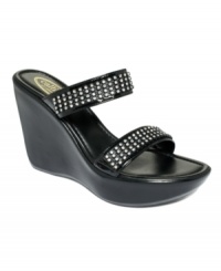 Uniform sparkles adorn the straps of Callisto's Snazzy platform wedge sandals. Uniform sparkles adorn the straps of Callisto's Snazzy platform wedge sandals.