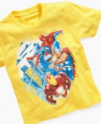 He can stop stale style in its tracks with this fresh tee from Mad Engine, featuring Marvel superheroes in action. He can stop stale style in its tracks with this fresh tee from Mad Engine, featuring Marvel superheroes in action.