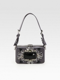 Satin bag with embroidery, crystals and beads.Detachable top handle, 6½ dropFlip-lock closureTwo inner compartmentsSatin lining5¾W X 3½H X 1½DMade in Italy Satin bag with embroidery, crystals and beads.Detachable top handle, 6½ dropFlip-lock closureTwo inner compartmentsSatin lining5¾W X 3½H X 1½DMade in Italy