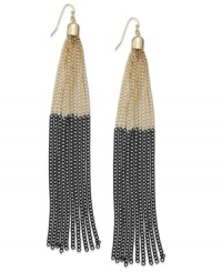 Crazy for colorblocking? INC International Concepts' on-trend tassel earrings combine 14k gold-plated mixed metal and black dangling chains. Approximate drop: 5 inches. Crazy for colorblocking? INC International Concepts' on-trend tassel earrings combine 14k gold-plated mixed metal and black dangling chains. Approximate drop: 5 inches.