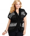 Tie-up a cute look with Extra Touch's striped plus size cardigan, cinched by a belted waist.