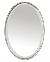 The Sherise mirror has a traditional pearl border as part of its hand-forged metal frame which features a gleaming brushed nickel finish. The elegant oval mirror has a beveled edge, and it can be hung either vertically (shown) or horizontally, depending on the space or your preference. The Sherise mirror has a traditional pearl border as part of its hand-forged metal frame which features a gleaming brushed nickel finish. The elegant oval mirror has a beveled edge, and it can be hung either vertically (shown) or horizontally, depending on the space or your preference.