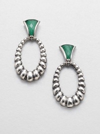 From the Venus Collection. A textured flute of sterling silver drops from a faceted crystal accented malachite stone. Crystal accented malachiteSterling silverDrop, about 1.614k gold post backImported From the Venus Collection. A textured flute of sterling silver drops from a faceted crystal accented malachite stone. Crystal accented malachiteSterling silverDrop, about 1.614k gold post backImported