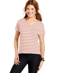 Pink Rose mixes sporty stripes with crochet-knit back design on a tee that masters summertime stylin'! Pink Rose mixes sporty stripes with crochet-knit back design on a tee that masters summertime stylin'!