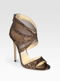 Glitter-encrusted metallic leather straps surrounded by semi-sheer mesh. Self-covered heel, 5 (125mm)Glitter-coated metallic leather and mesh upperExposed back zipperLeather lining and solePadded insoleMade in ItalyOUR FIT MODEL RECOMMENDS ordering one size up as this style runs small. Glitter-encrusted metallic leather straps surrounded by semi-sheer mesh. Self-covered heel, 5 (125mm)Glitter-coated metallic leather and mesh upperExposed back zipperLeather lining and solePadded insoleMade in ItalyOUR FIT MODEL RECOMMENDS ordering one size up as this style runs small.