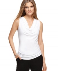 Soft draping adds feminine flair to this Calvin Klein cowl-neck top -- a versatile wardrobe staple! Soft draping adds feminine flair to this Calvin Klein cowl-neck top -- a versatile wardrobe staple!