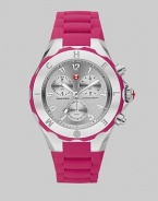 From the Tahitian Jelly Bean Collection. A fun and colorful design with technical appeal. Quartz movementWater resistant to 6 ATMRound stainless steel case, 40mm (1.6)Logo etched bezelSilver chronograph dialNumeric hour markersSecond hand Pink silicone strapImported