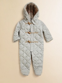 Snuggle-into warmth joins Burberry style in a cozy one-piece of soft, quilted jersey to keep your little one warm from head to toe.Hood with button neck tabStand collarHidden front zipper under toggle-and-rope placketCheck liningCottonMachine washImportedAdditional InformationKid's Apparel Size Guide Snuggle-into warmth joins Burberry style in a cozy one-piece of soft, quilted jersey to keep your little one warm from head to toe.Hood with button neck tabStand collarHidden front zipper under toggle-and-rope placketCheck liningCottonMachine washImportedAdditional InformationKid's Apparel Size Guide