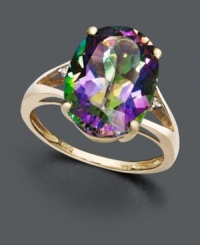 Let a faceted rainbow of color decorate your digits. A large oval-cut mystic topaz gemstone (7-1/6 ct. t.w.) sits in a split band 14k gold setting decorated with two diamond side accents. Let a faceted rainbow of color decorate your digits. A large oval-cut mystic topaz gemstone (7-1/6 ct. t.w.) sits in a split band 14k gold setting decorated with two diamond side accents.