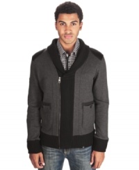 Look sharp in the standout accents of this zip-up cardigan sweater from Marc Ecko Cut & Sew. Look sharp in the standout accents of this zip-up cardigan sweater from Marc Ecko Cut & Sew.