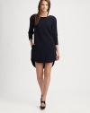An on-trend hi-lo hem and silk accent trim give this shift dress an updated chic style. Round necklineThree-quarter length sleeves with silk trimSide seam pocketsFront vented hemHi-lo hemAbout 18 from shoulder to hem80% virgin wool/20% polyamideTrim: silkDry cleanImportedTrim: imported of Italian fabricModel shown is 5'10 (177cm) wearing US size 4.OUR FIT MODEL RECOMMENDS ordering one size down as this style runs large. 