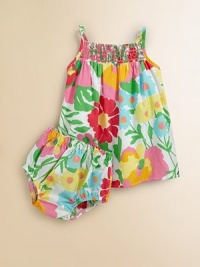 Your little ray of sunshine will inspire warm thoughts when she's in this brilliant frock adorned with a bold floral print, plus matching bloomers.Straight necklineSpaghetti strapsPullover styleSmocked bodiceFully linedCottonMachine washImported Your little ray of sunshine will inspire warm thoughts when she's in this brilliant frock adorned with a bold floral print, plus matching bloomers.Straight necklineSpaghetti strapsPullover styleSmocked bodiceFully linedCottonMachine washImported