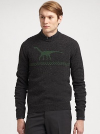 Classic crewneck sweater is elegantly shaped in a smooth wool blend and accented with a contrasting t-rex print.Crewneck50% camel hair/50% woolDry cleanMade in Italy Classic crewneck sweater is elegantly shaped in a smooth wool blend and accented with a contrasting t-rex print.Crewneck50% camel hair/50% woolDry cleanMade in Italy