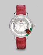 This limited edition timepiece boasts a diamond bezel with mother-of-pearl details on a luxurious alligator strap. Swiss quartz movementWater resistant to 5 ATMRound stainless steel case, 38mm (1.5)Diamond accented mother-of-pearl bezel, .52 tcwMother-of-pearl dialDot hour markersSecond hand Red alligator strap, 16mm wide (0.6)Imported