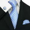 Landisun 192 Light Blue Plaids & Checks Mens Silk Tie Set: Tie+Hanky+Cufflinks