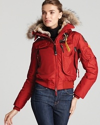 Sporty, industrial parachute details bring this Parajumpers down bomber jacket to life. The slim silhouette is the perfect choice for snowy cityscapes and wintry rural adventures. Sporty, industrial parachute details bring this Parajumpers down bomber jacket to life. The slim silhouette is the perfect choice for snowy cityscapes and wintry rural adventures.