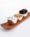 Asymmetrical rims convey modern sophistication. Set of 3. Includes cherry wood base.