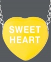 Everyone's favorite sentimental sweet. Sweethearts' adorable heart-shaped pendant expresses more that just great style with the words SWEET HEART written across a bright yellow enamel surface. Pendant crafted in sterling silver. Copyright © 2011 New England Confectionery Company. Approximate length: 16 inches + 2-inch extender. Approximate drop: 5/8 inch.