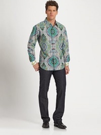 A playful paisley pattern adorns this pure cotton, classic sportshirt with contrast trim on the placket and cuffs.Button-frontPoint collarCottonDry cleanImported A playful paisley pattern adorns this pure cotton, classic sportshirt with contrast trim on the placket and cuffs.Button-frontPoint collarCottonDry cleanImported