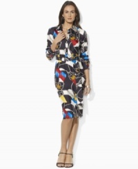 A vibrant pattern of nautical flags and boating details lends breezy, sea-faring spirit to a sophisticated shirtdress crafted from luxe silk twill. A vibrant pattern of nautical flags and boating details lends breezy, sea-faring spirit to a sophisticated shirtdress crafted from luxe silk twill.