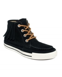 Vintage style gets an upgrade with the hottest embellishments of the season. Contrasting laces and fringe detail along the back make Converse's Chuck Taylor All Star Moc fringe sneakers a fall must-have. Vintage style gets an upgrade with the hottest embellishments of the season. Contrasting laces and fringe detail along the back make Converse's Chuck Taylor All Star Moc fringe sneakers a fall must-have.