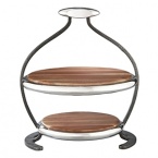 Anything you can serve up on this two-tiered number is sure to look irresistible. In a sophisticated marriage of metal alloy and warm wood, with arcing supports that make for easy lifting and an eye-catching silhouette.